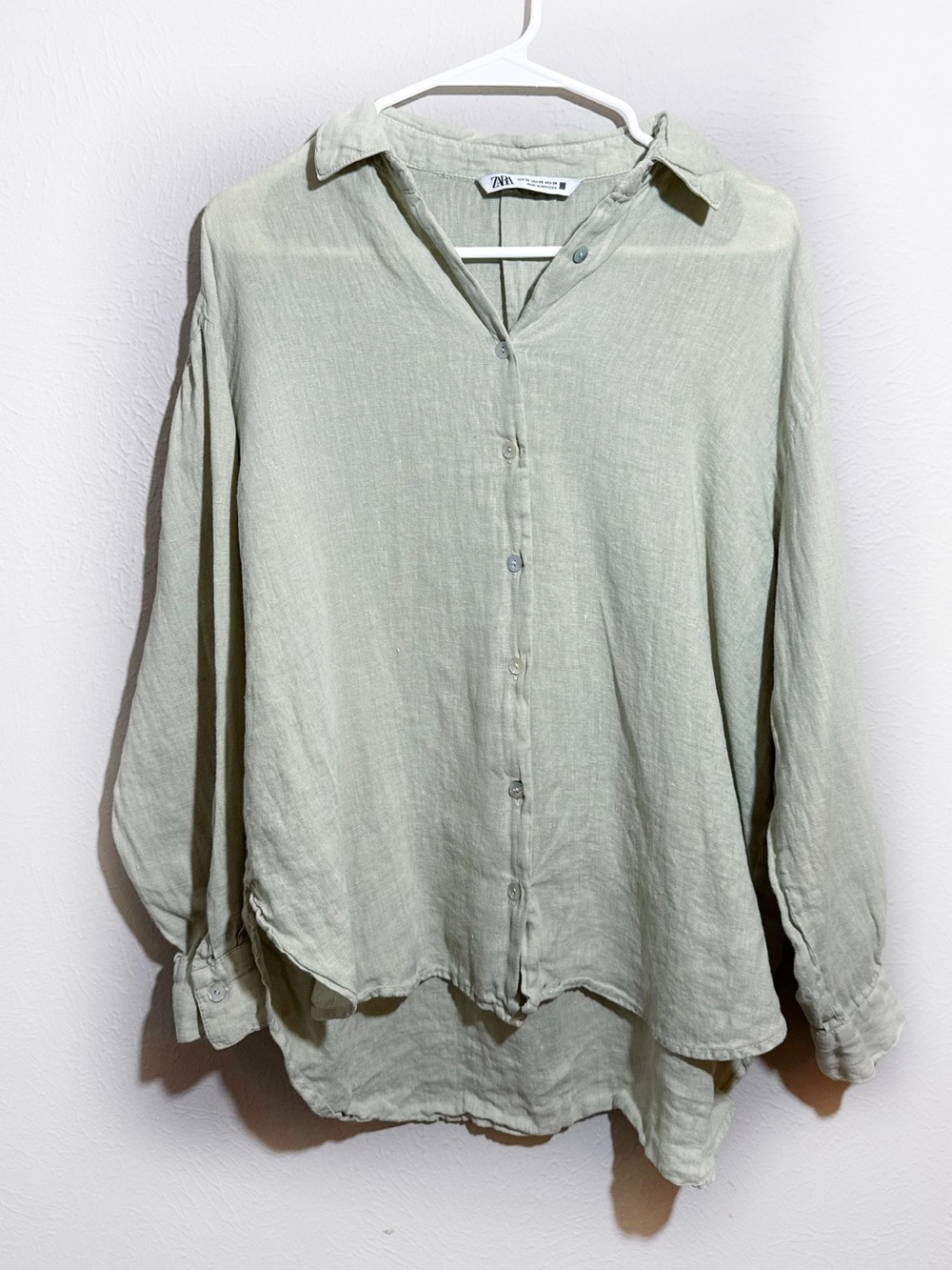 Zara Linen Button Down Shirt Pistachio Green High Low Hem Oversized Side Slits